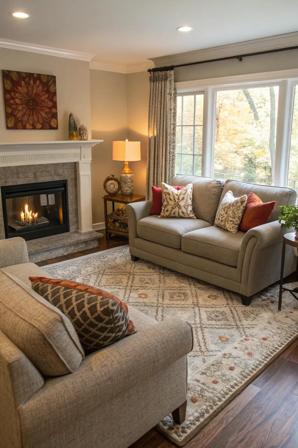 Multiple seating clusters adding versatility to a living room.