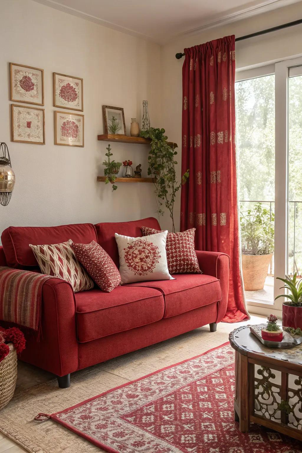 A crimson monochromatic design creates a striking, unified effect that brings the space together.