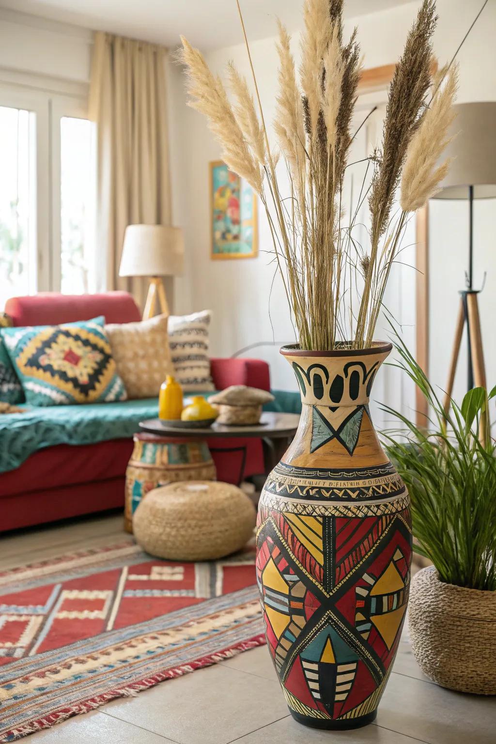 Indigenous motifs featured on a floor vase saturate the living area with worldwide style.