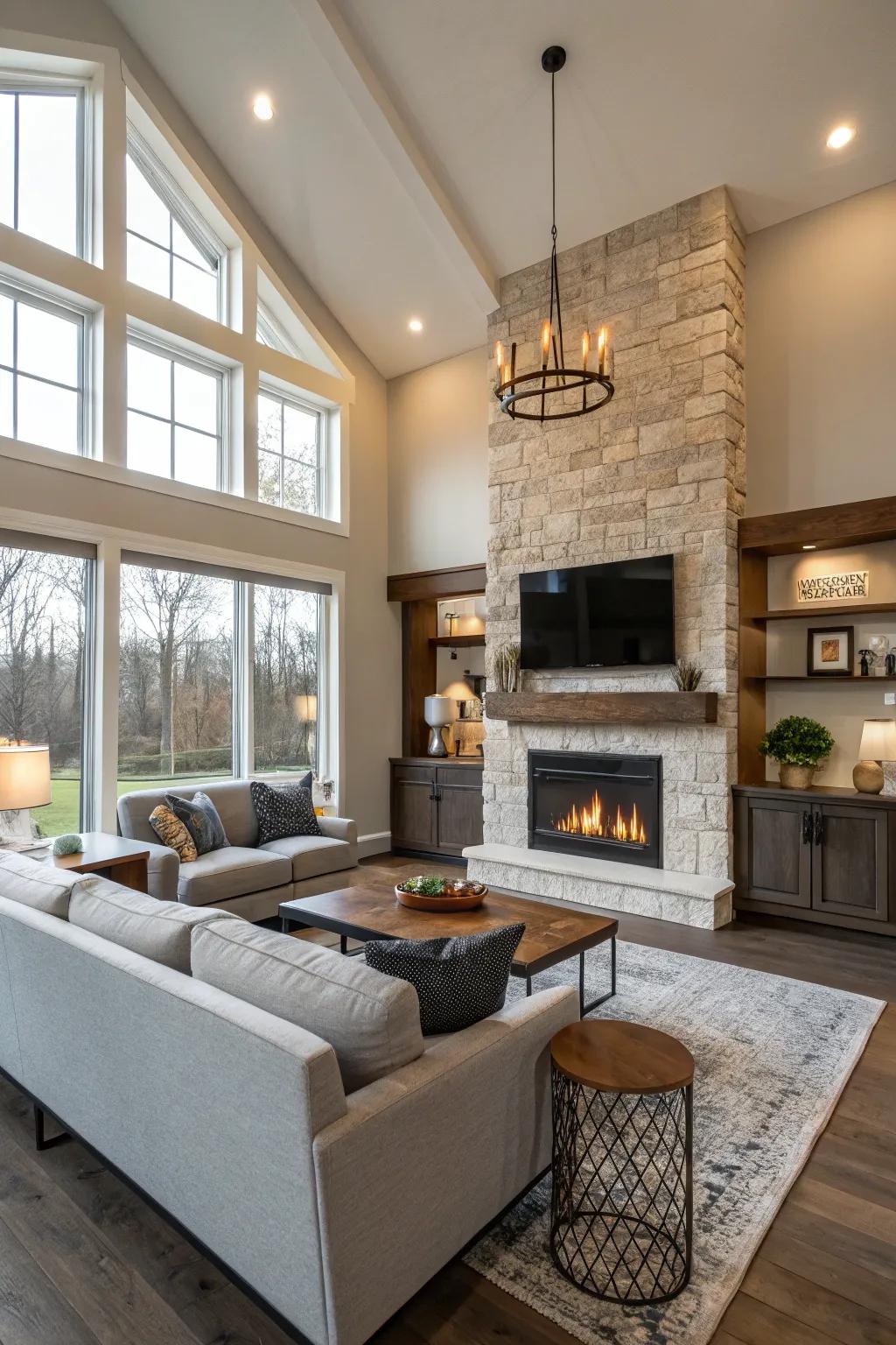 A living room with unattached furnishings centered around the fireplace.