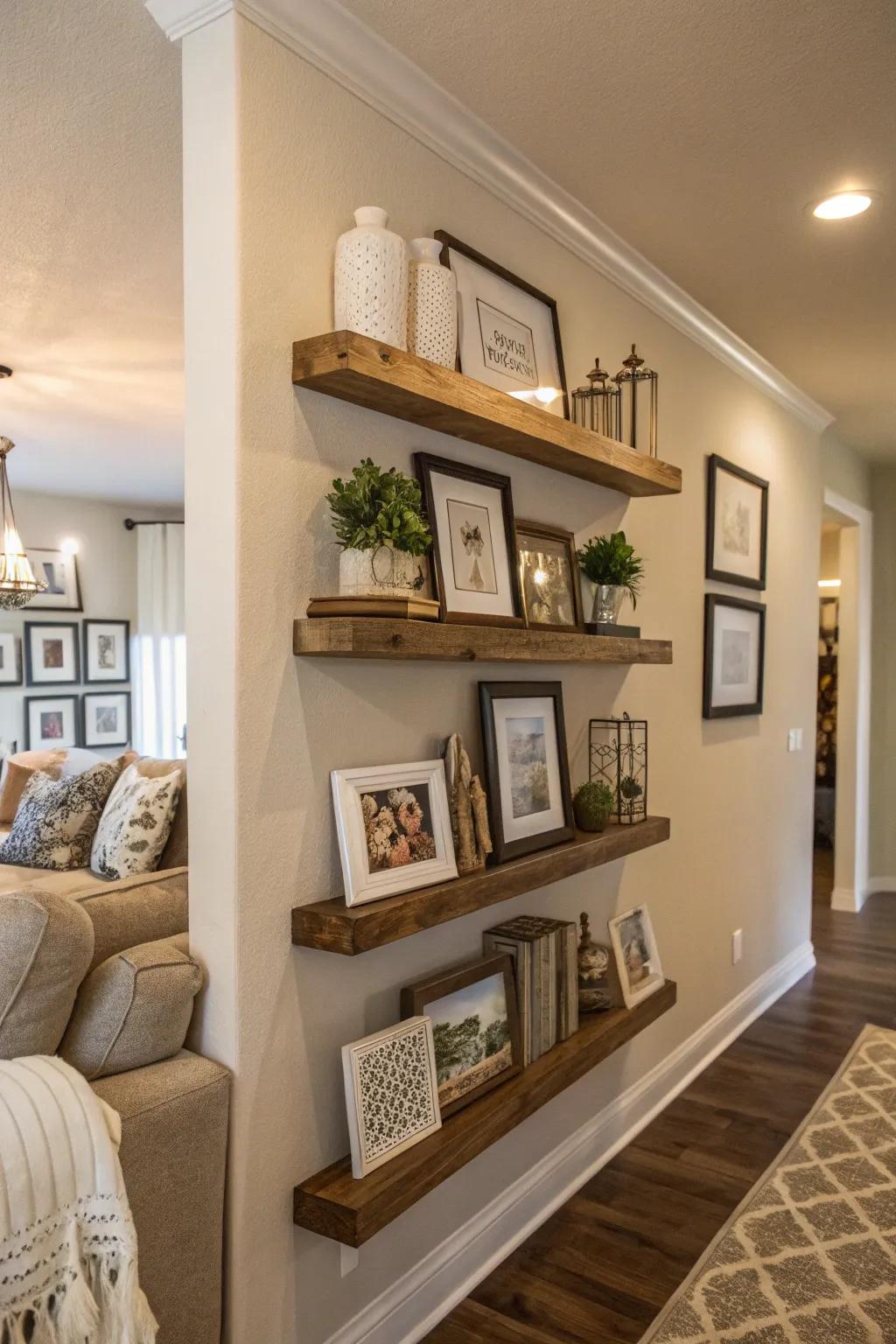 Wall-mounted ledges introduce depth and intrigue to your photograph arrangement.