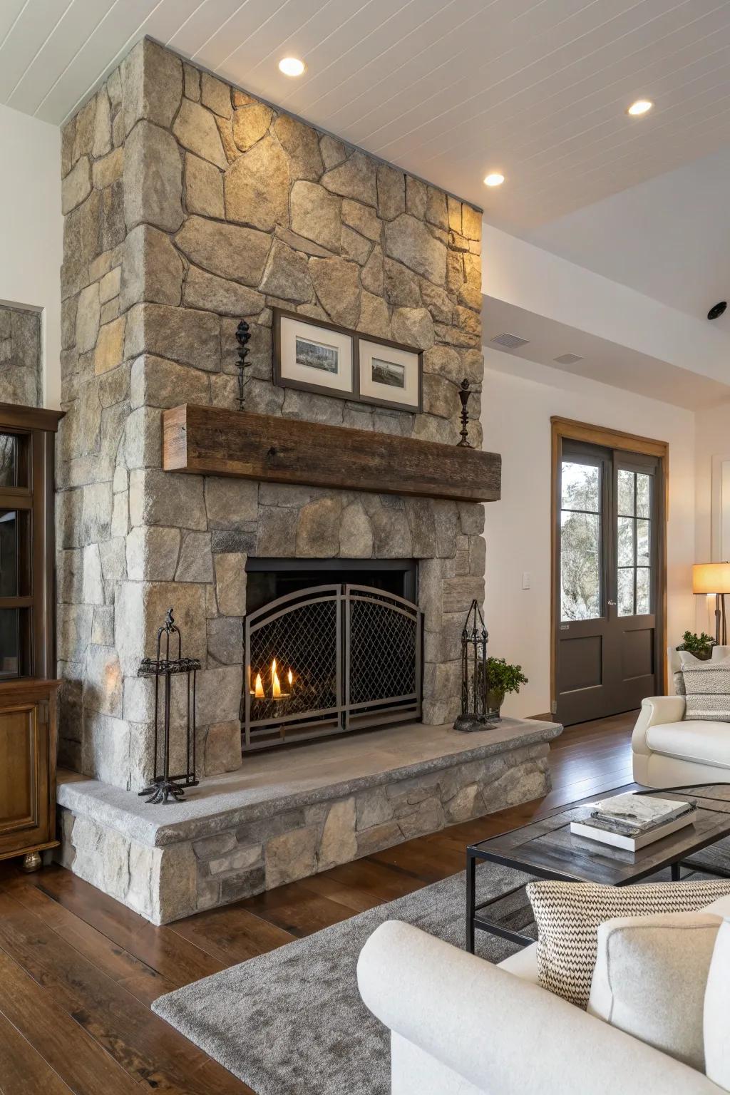 Metallic highlights contribute a contemporary edge to a stone fireplace.