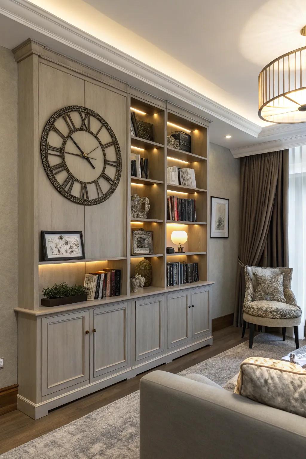 A wall clock on a shelving component combines style and organization.