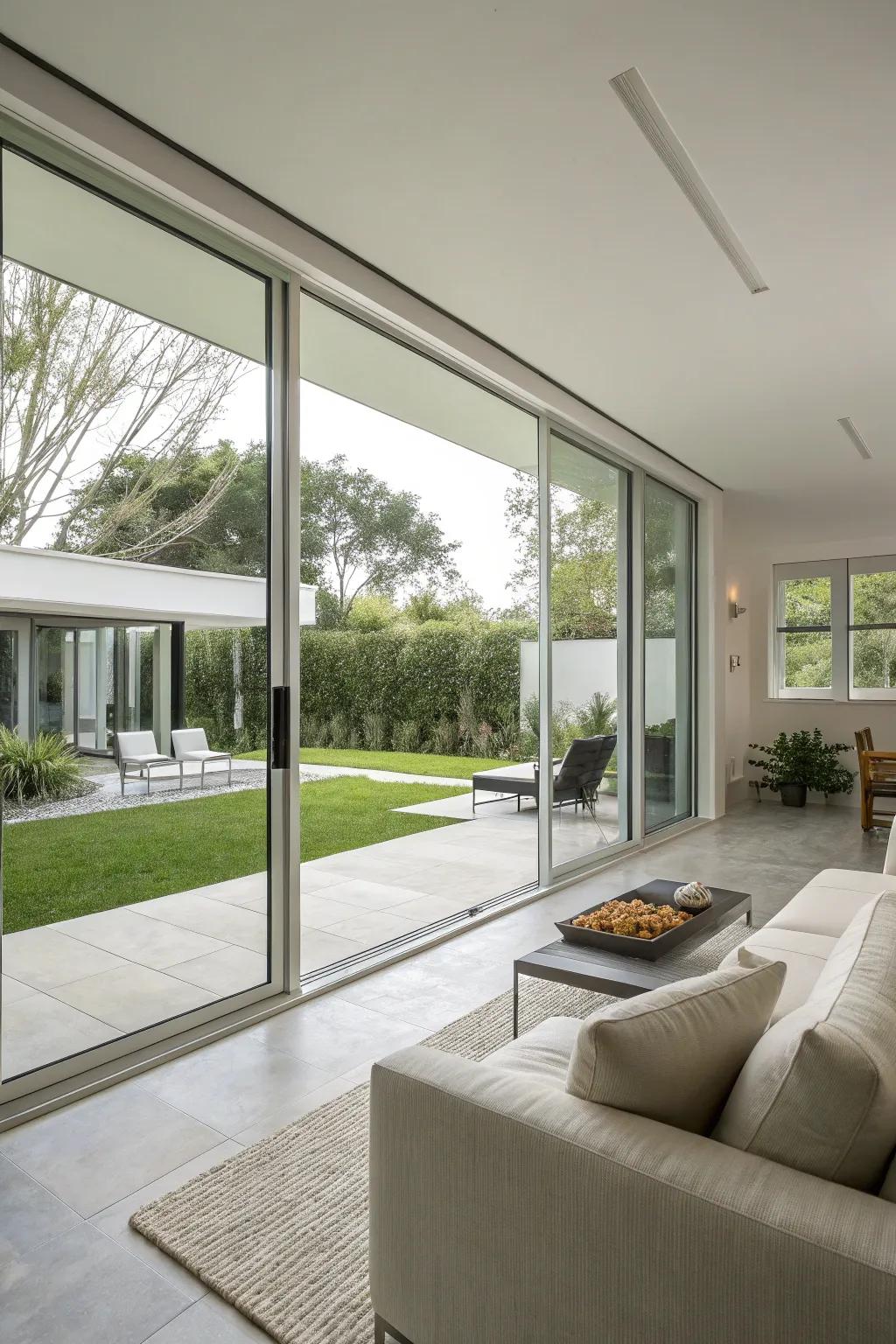 Sliding windows give the living area a sleek, contemporary touch.