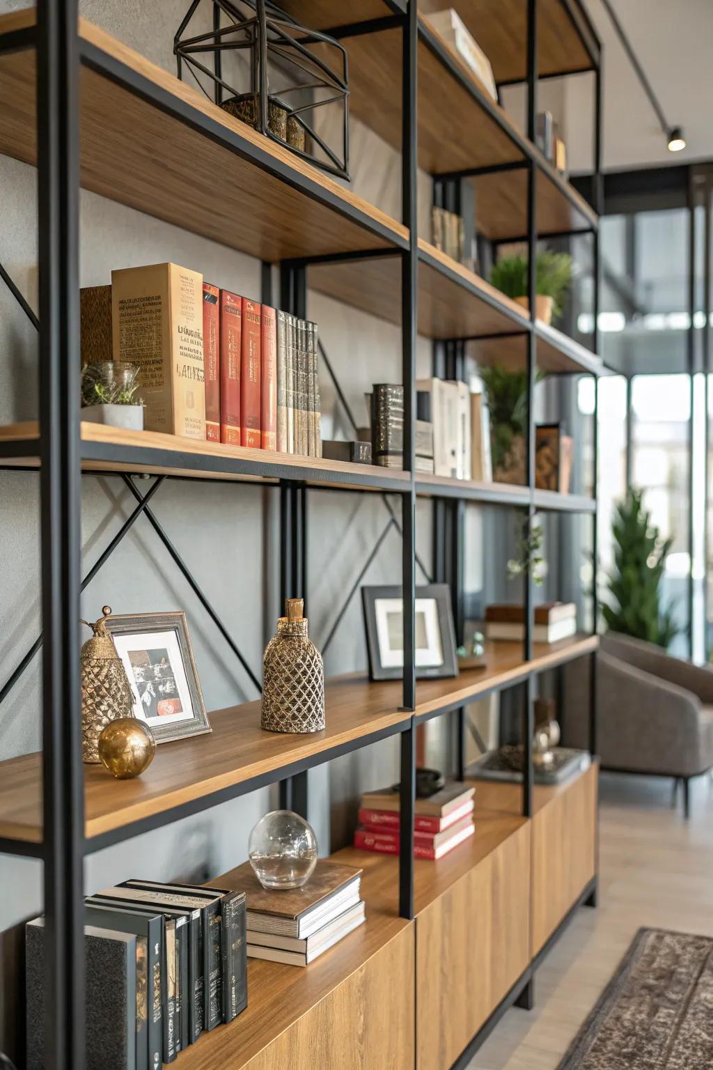 Mixing materials infuses texture and richness into your bookshelves.