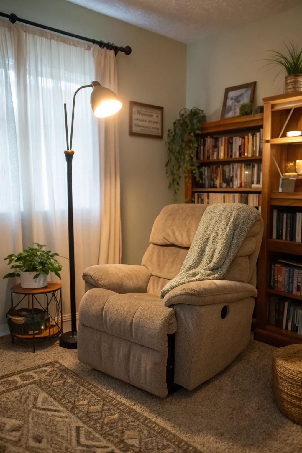 A well-lit lounger corner ideal for perusing and unwinding.