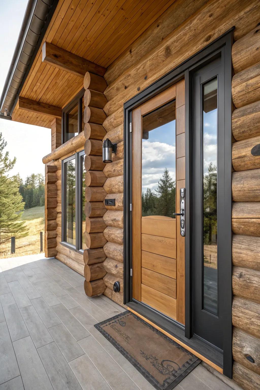 A log cabin door that brings together modern and country features.