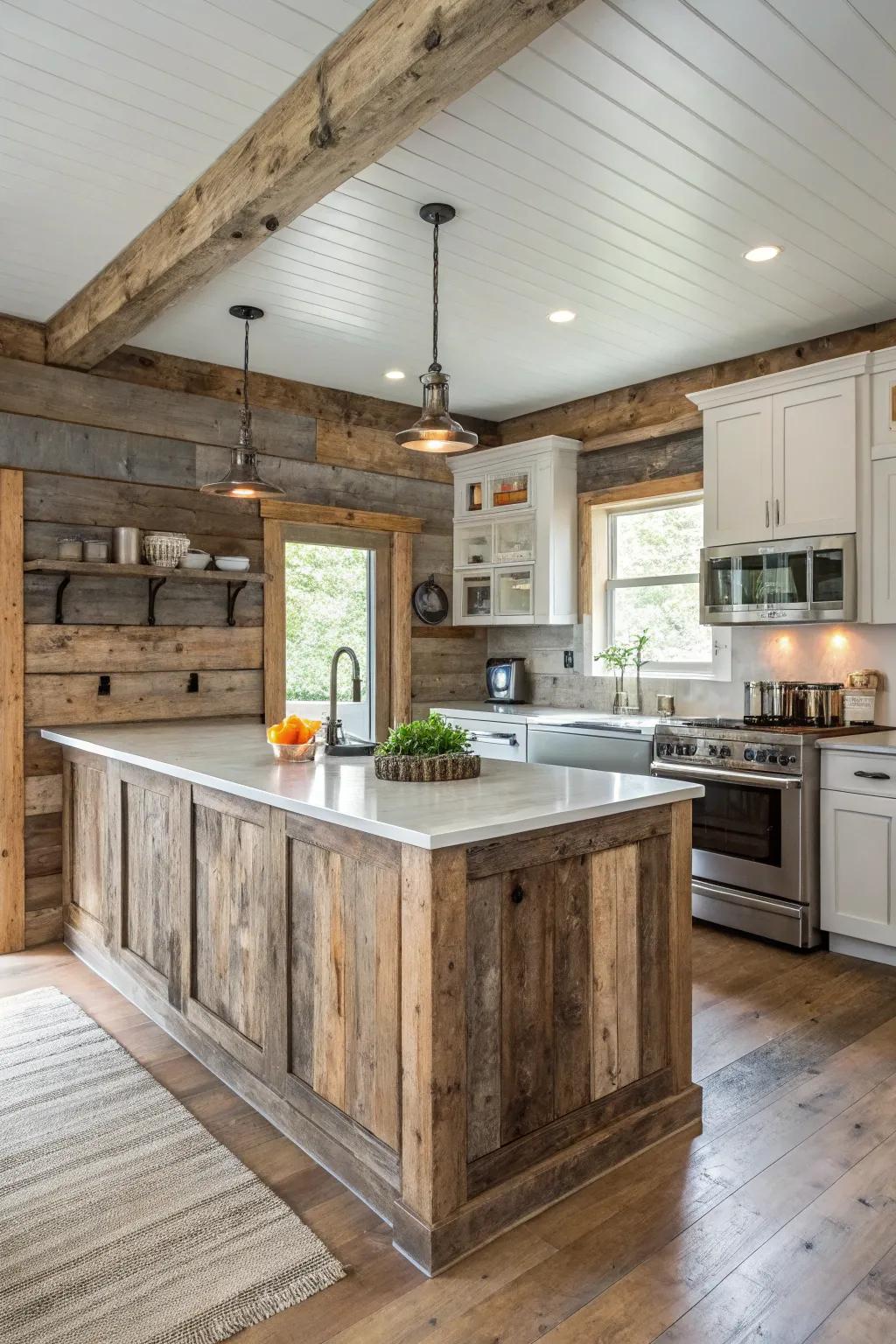 Salvaged barn wood appends time-honored allure to this cooking space arrangement.