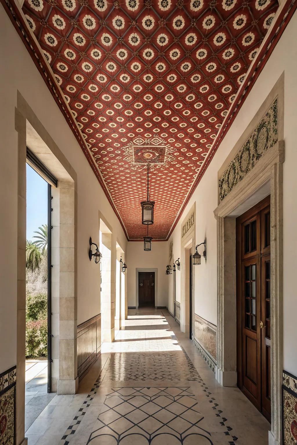 A bold ceiling design adds a surprising twist to this entryway.