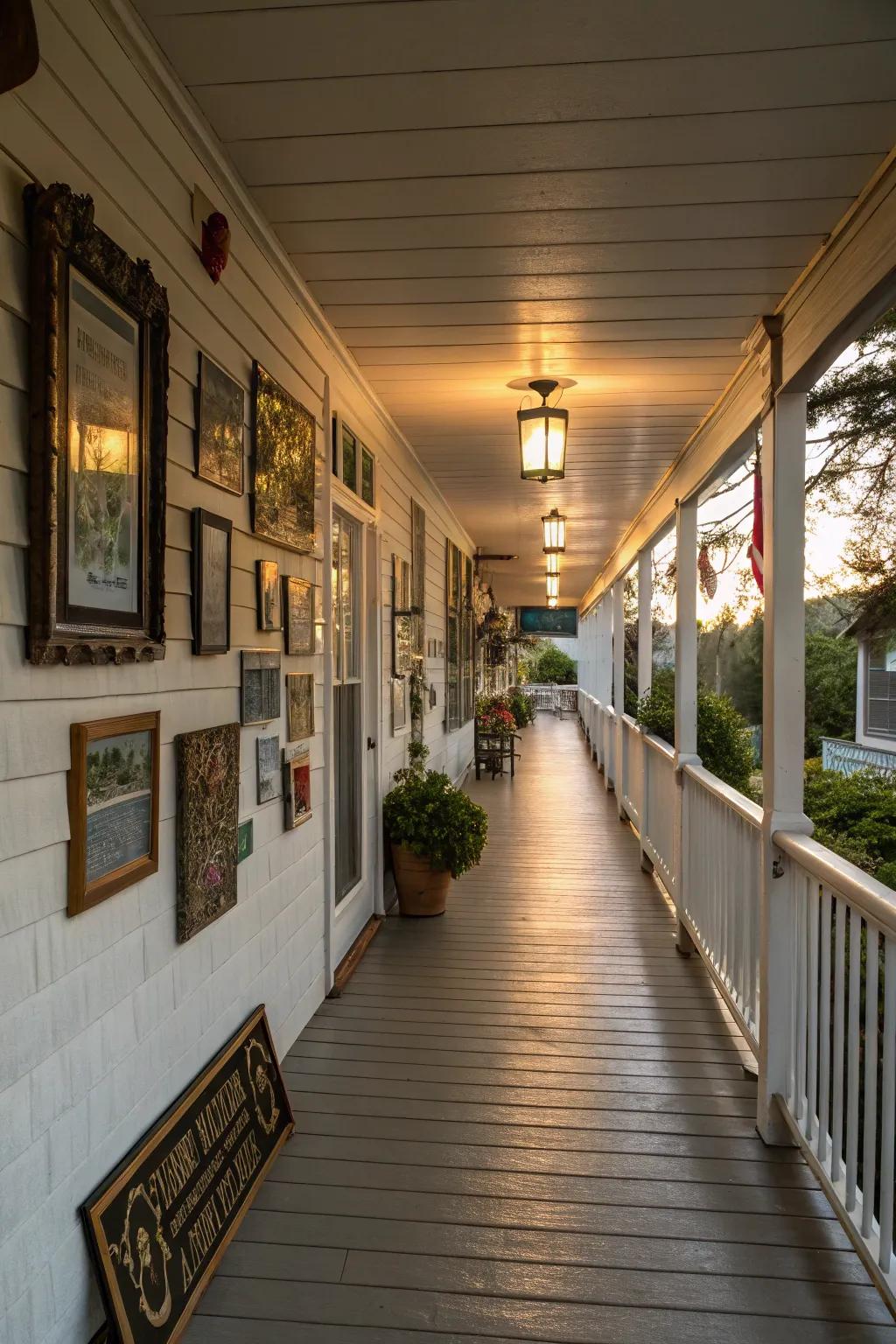 Artistic creations add visual fascination and narrate a story on a porch.