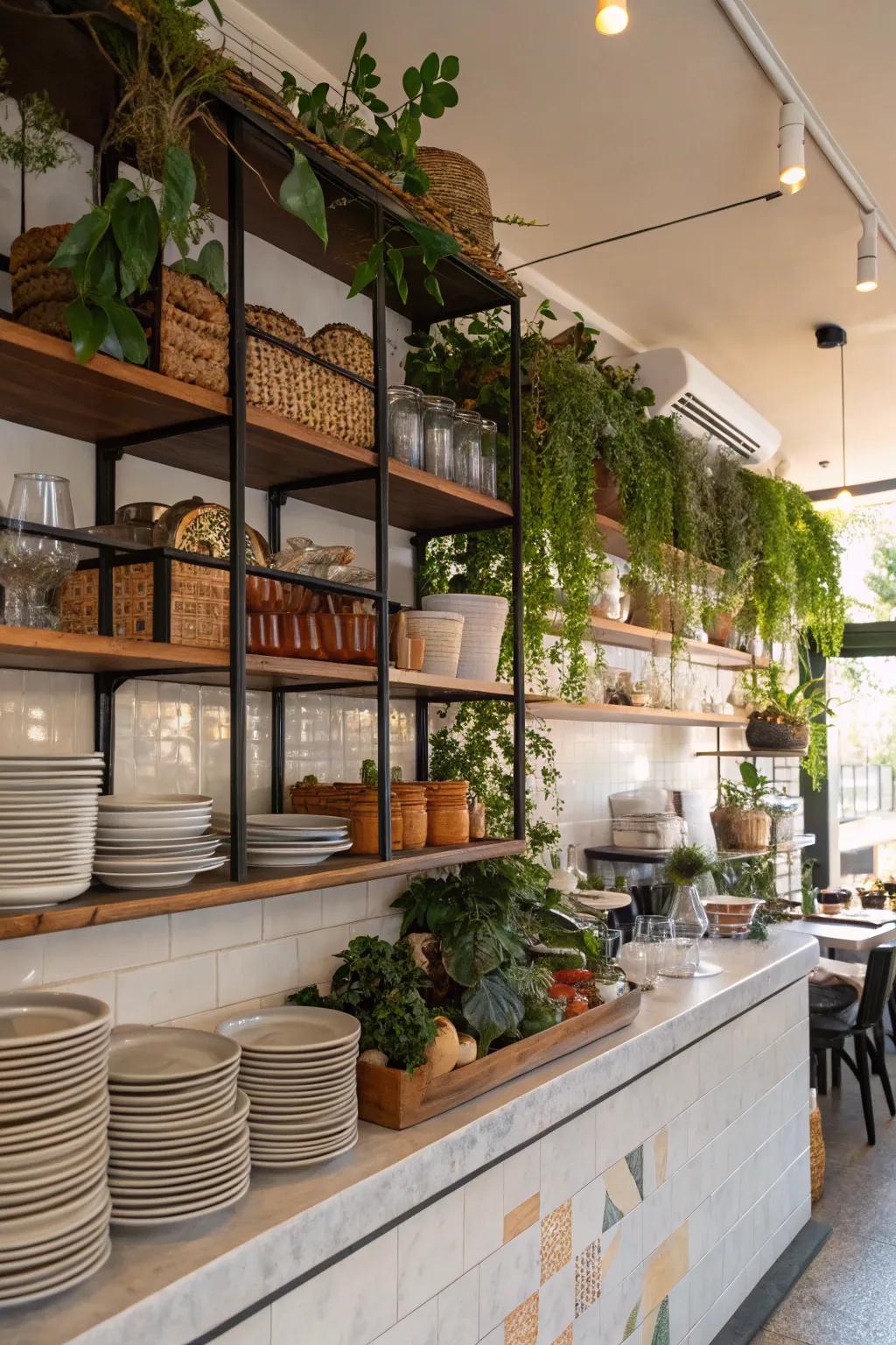 Open shelving unites decor with practicality.