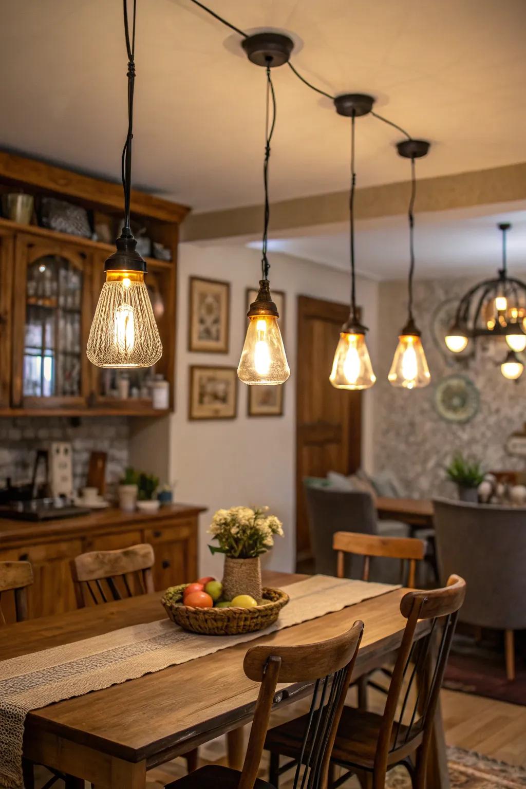 Clustered compact pendant lamps in a dining area.
