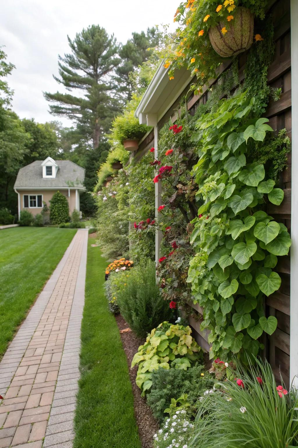 A vertical garden reshaping an otherwise monotonous wall into a dynamic display of living art.