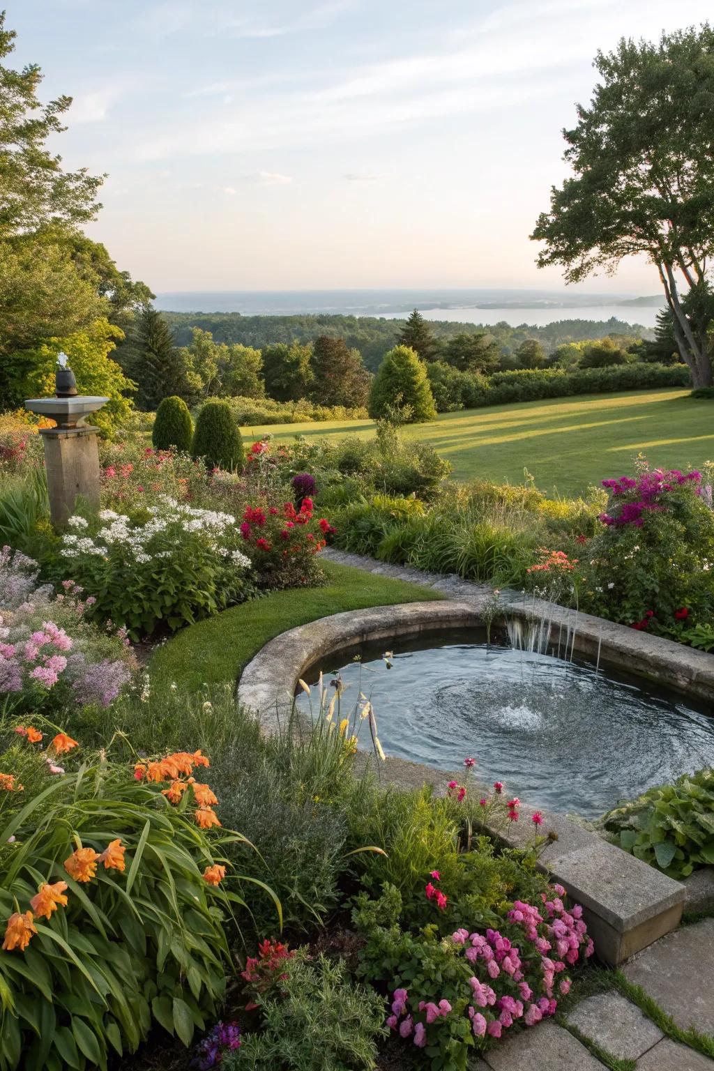 A gentle aquatic element adds sound and life to the garden.