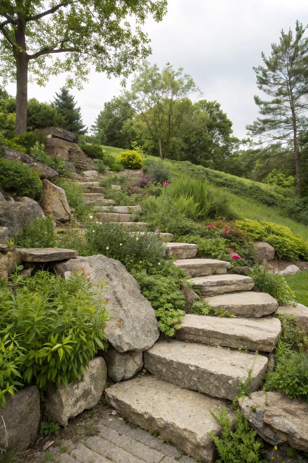Stone treads deliver elegant traversal.