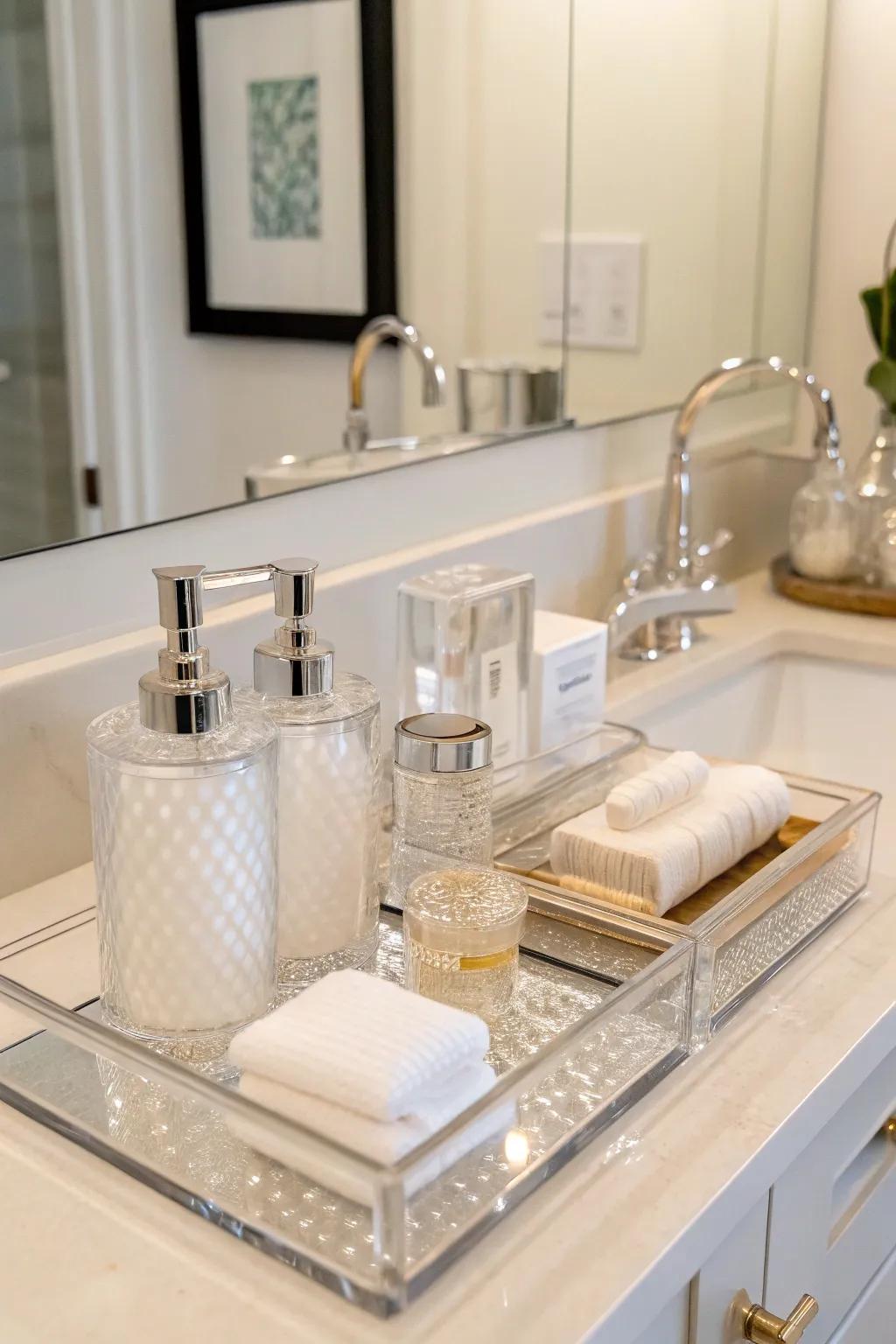 Clear acrylic accessories enhance bathroom decor.