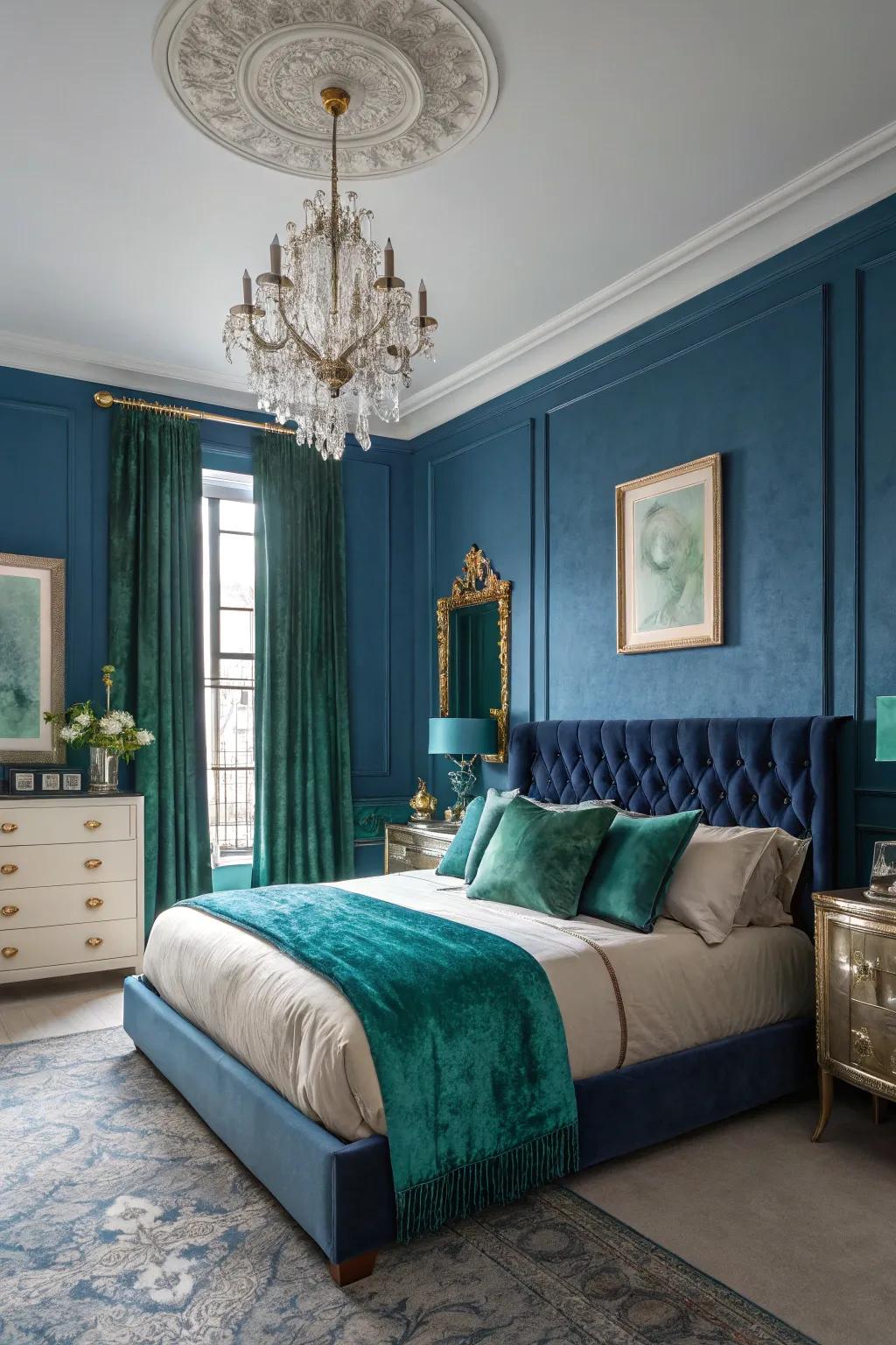 A deluxe bedroom featuring a creative utilization of color to energize the area.