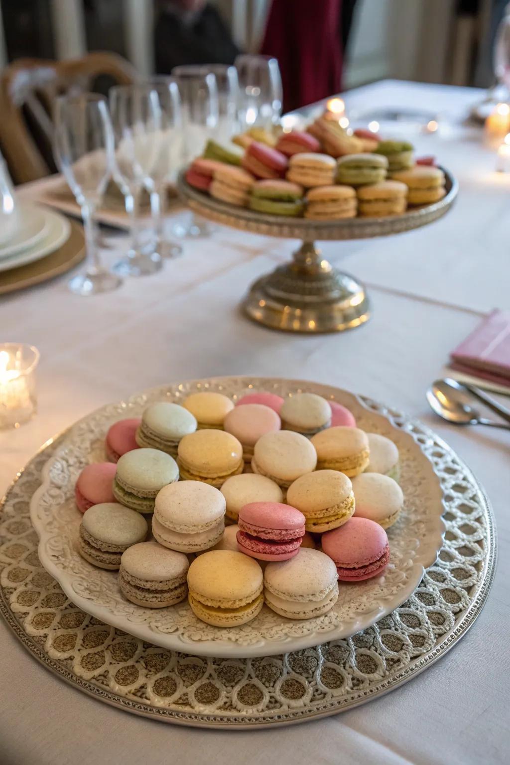 Macarons arranged across an ornamental platter.