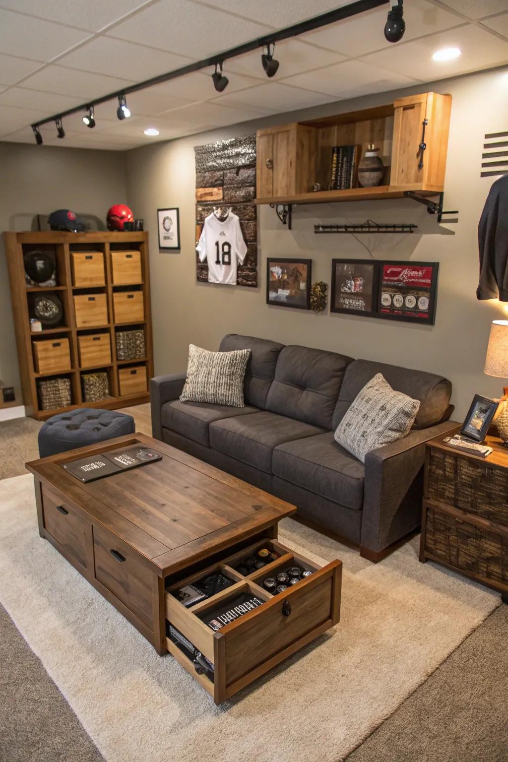 Multi-functional furniture maximizes space in the man cave.