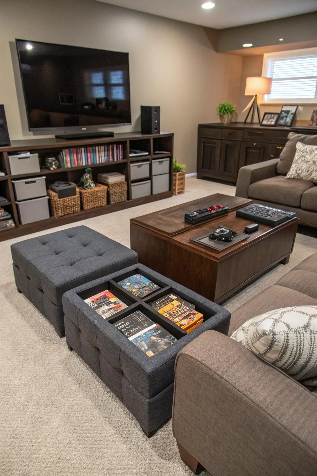 Concealed storage solutions featuring ottomans and coffee tables.