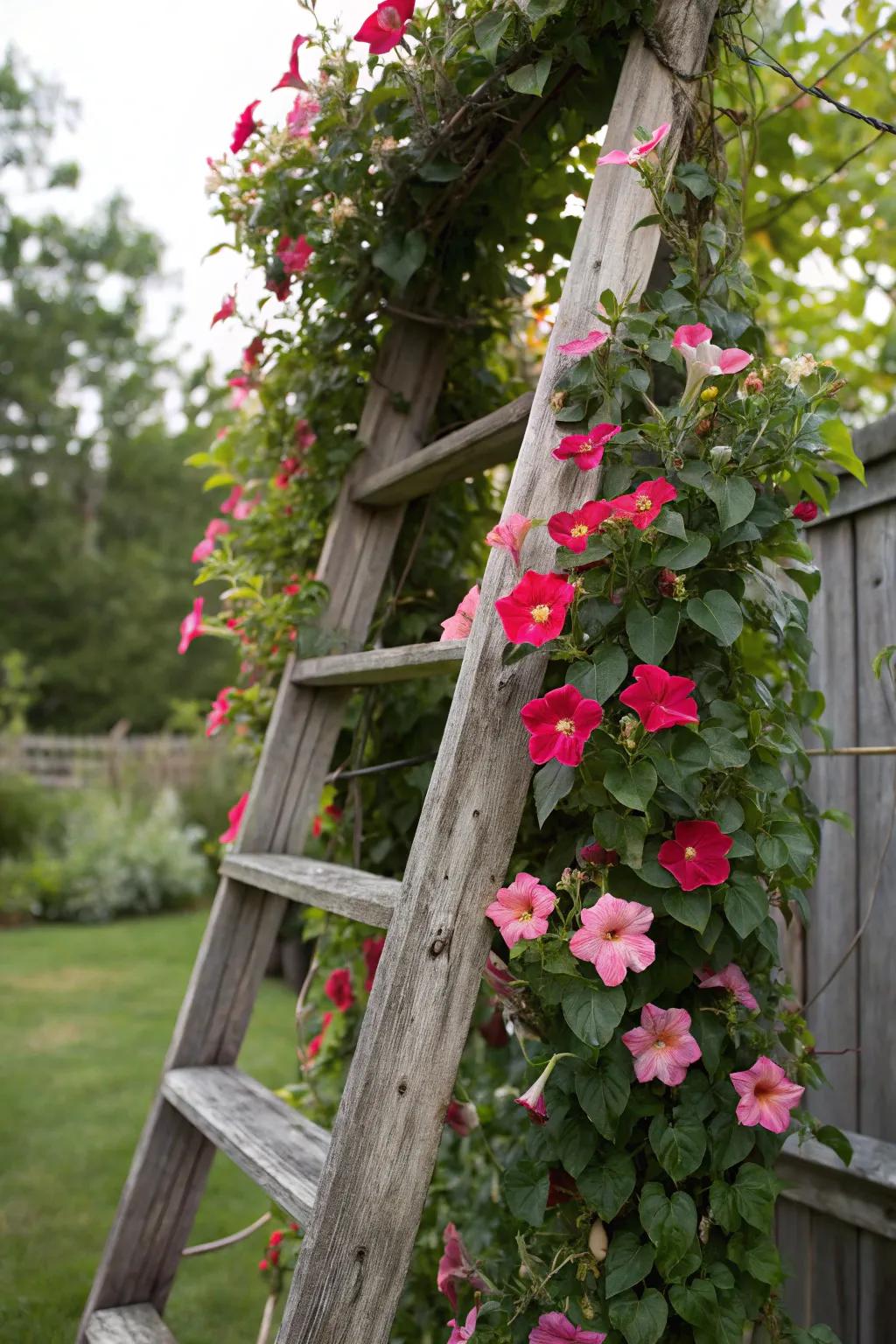 A repurposed ladder serves as a rustic trellis for blossoming <strong><em>Dipladenia splendens</em></strong>.” loading=”lazy” class=”pimg”>
	</picture><figcaption>A repurposed ladder serves as a rustic trellis for blossoming <strong><em>Dipladenia splendens</em></strong>.</figcaption></figure>
<p>Repurpose an old ladder as a trellis for an enchanting, rustic appearance. It’s a straightforward yet effective means to provide <strong><em>Dipladenia splendens</em></strong> with a climbing structure, ideal for those who cherish a touch of farmhouse design.</p>
<h3>Items that may come in handy:</h3>
<ul class=