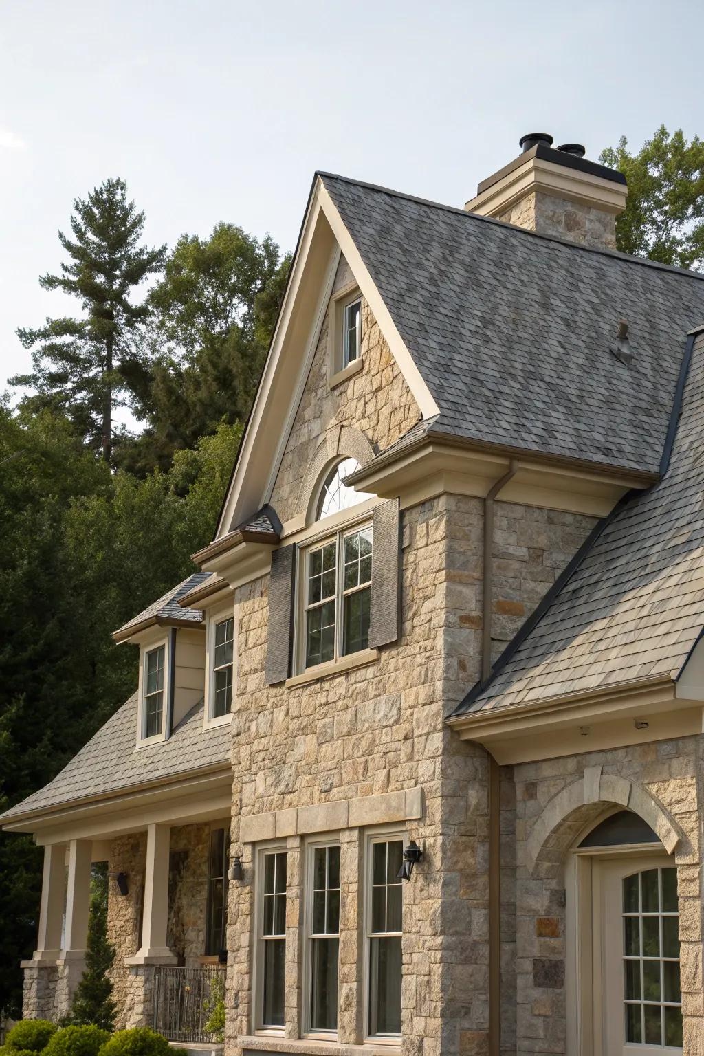 Natural stone accents give this mansard roof a timeless elegance.