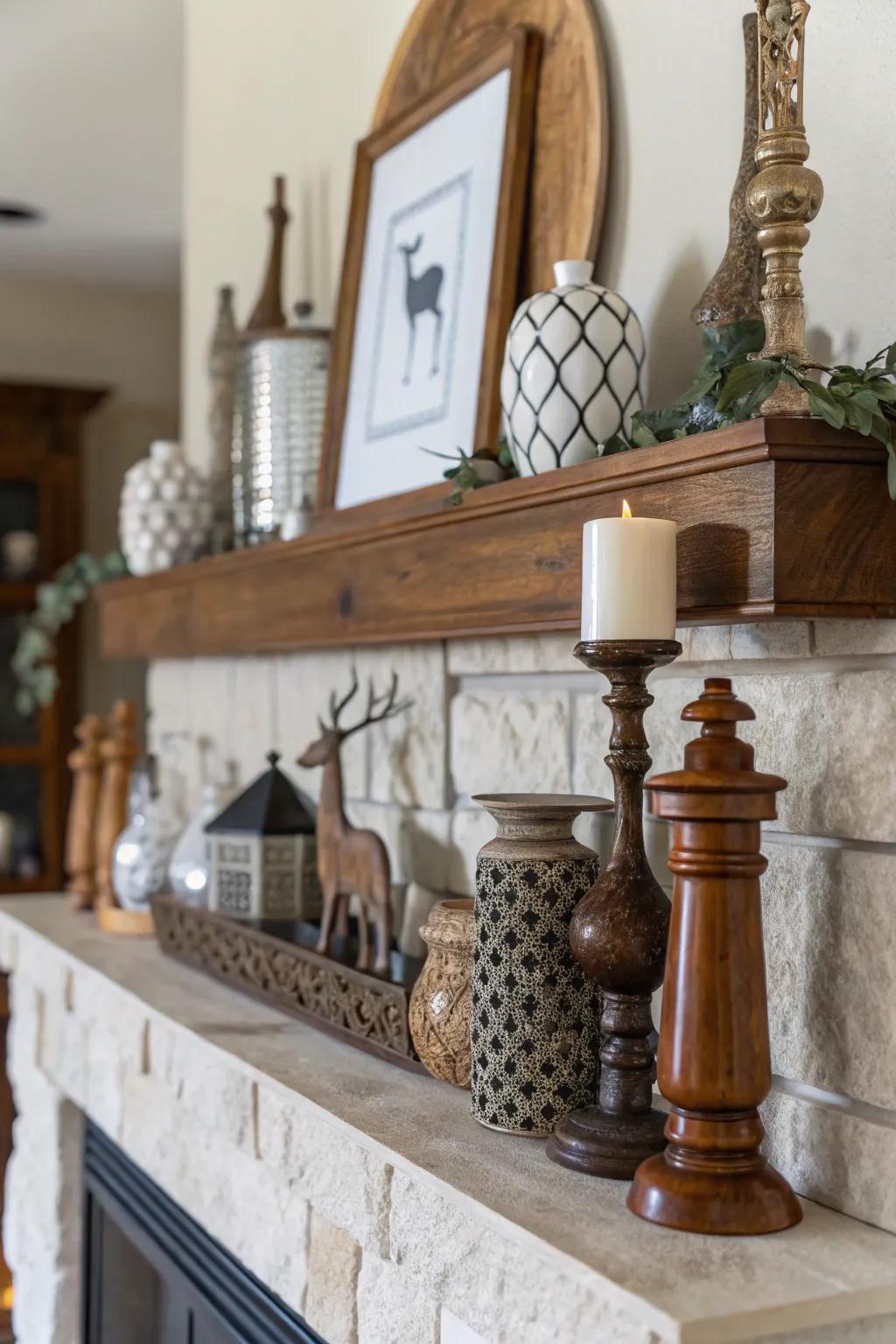 An eclectic mix of materials imparts dimension and individuality to this mantel.