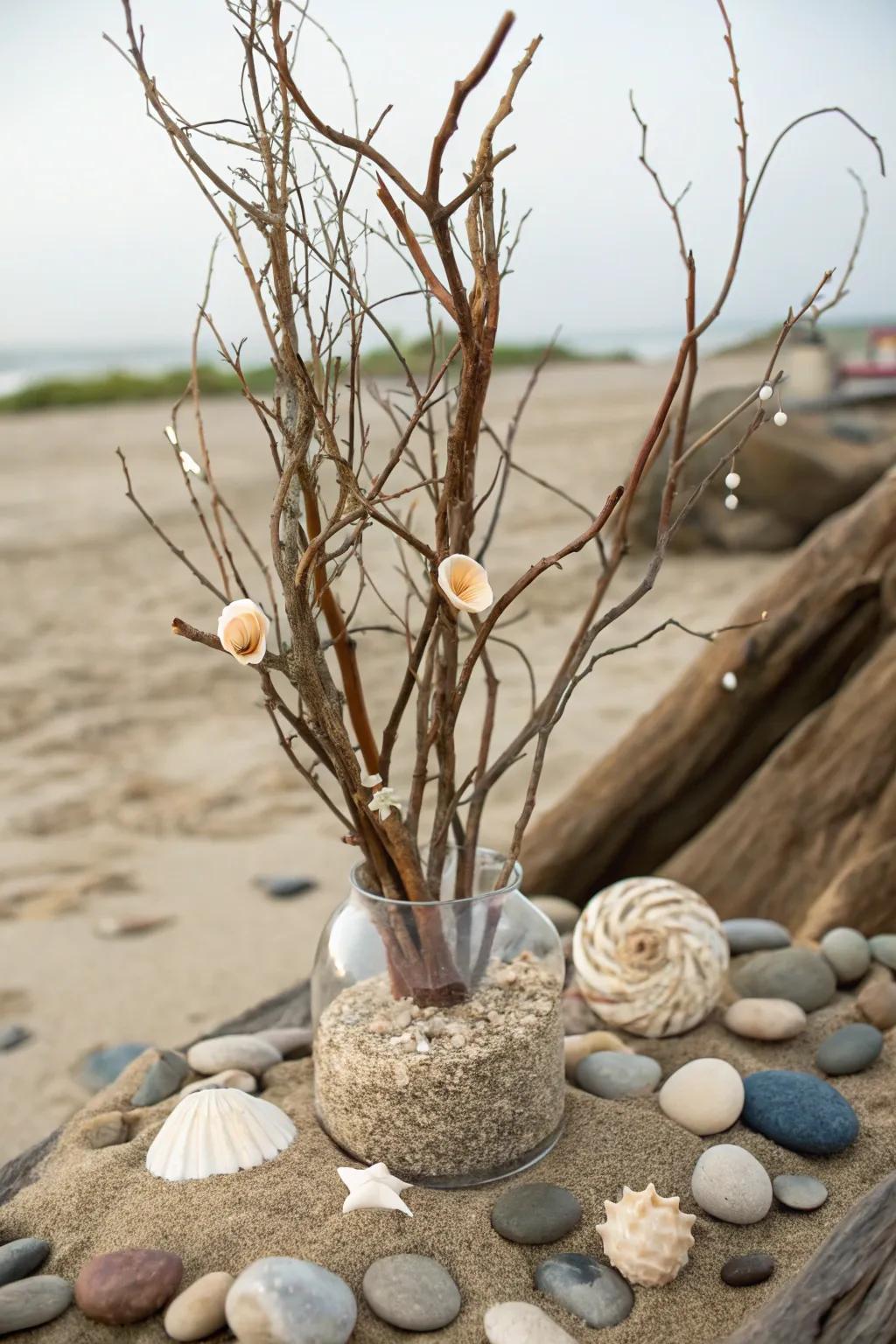 Seaside serenity featuring seashells and sand that surrounds manzanita limbs.
