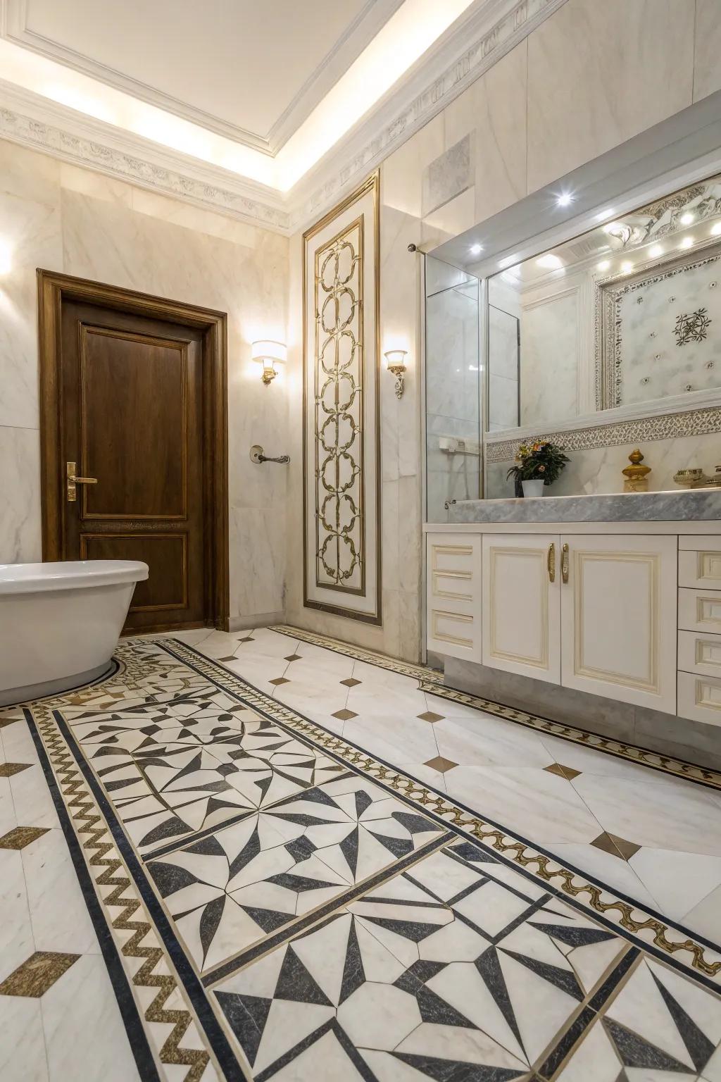 Geometric marble flooring adds both depth and refinement.