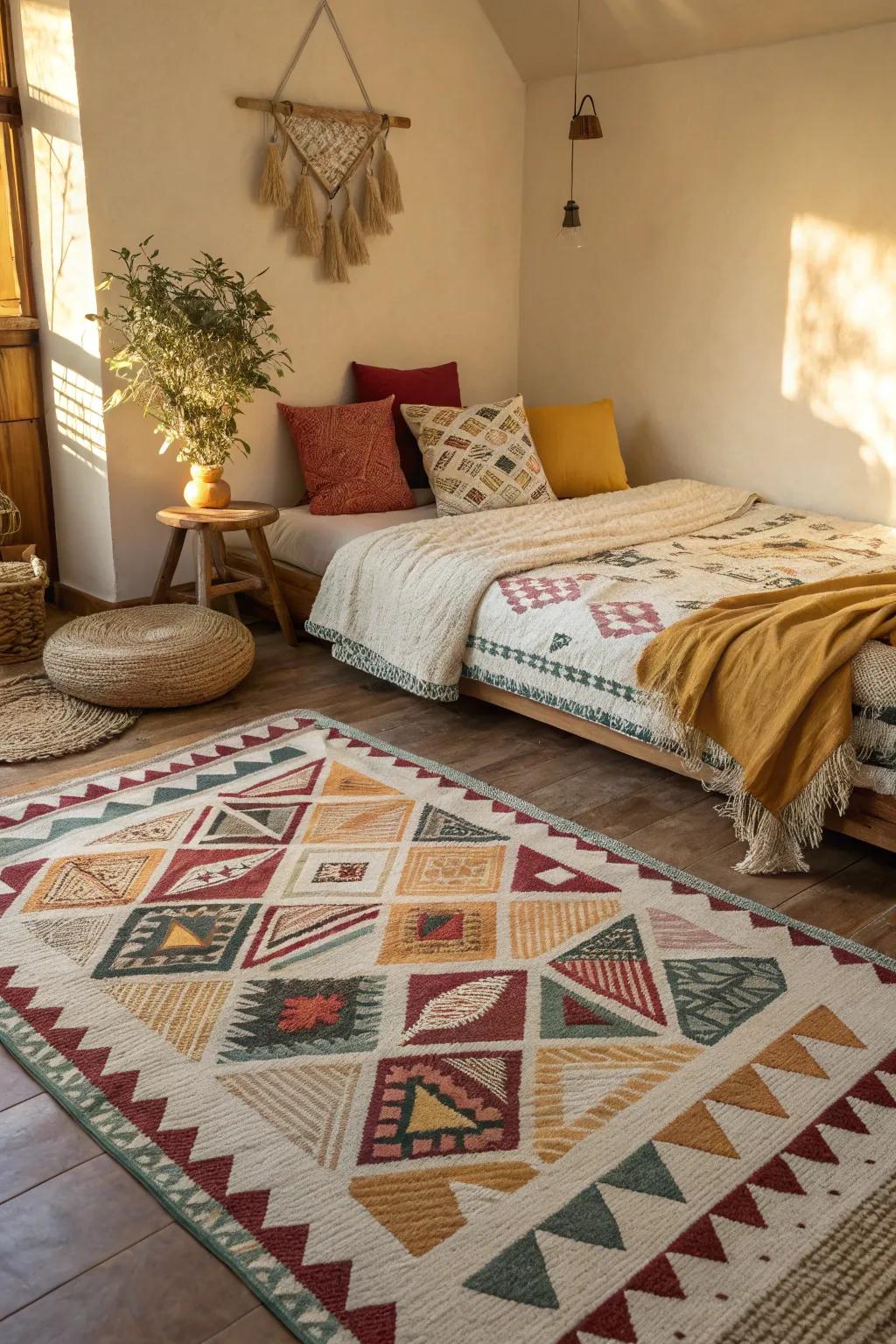 Geometric designs infuse dynamic visual interest into the decorations.