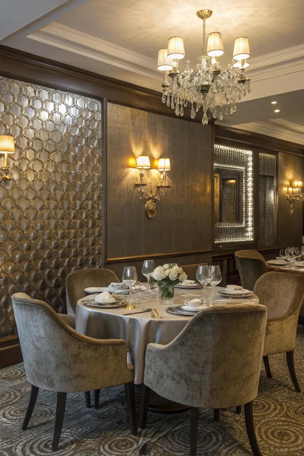 Metallic wallpaper contributes elegance and depth.