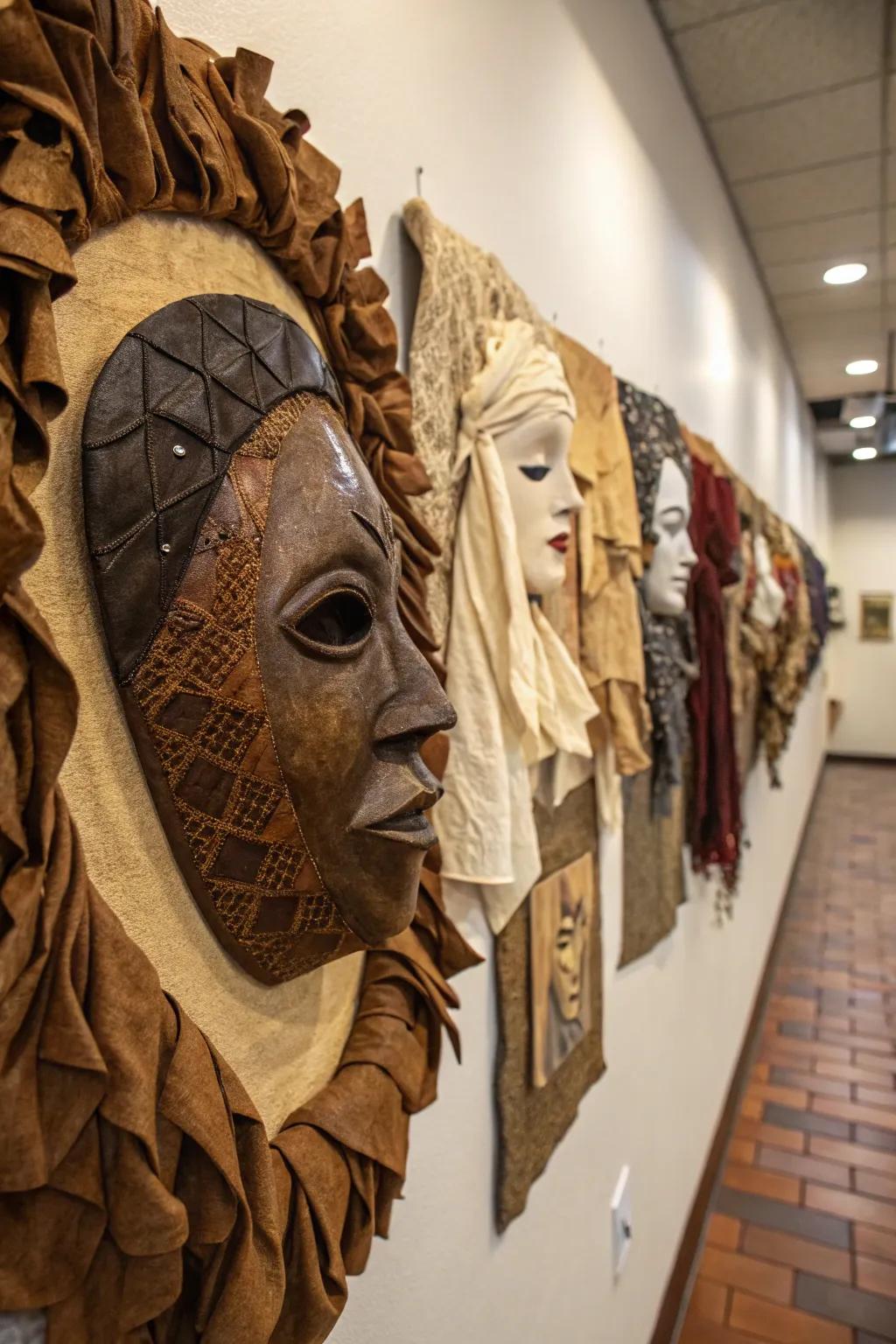 Layered textures in adornments create a visually and tactilely engaging wall.