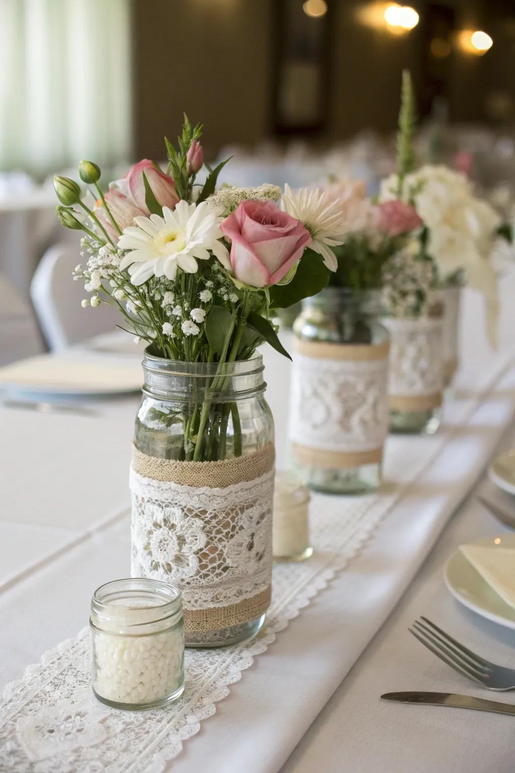 Utility canisters wrapped in weaving for an stylish centerpiece.