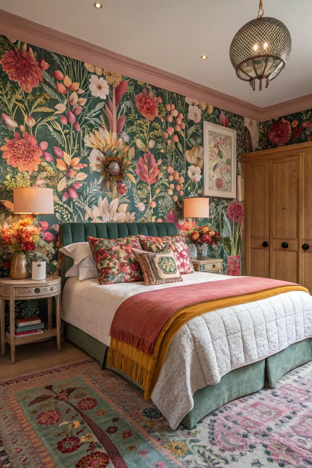 Floral wallpaper contributes a hint of nature to this bedroom.