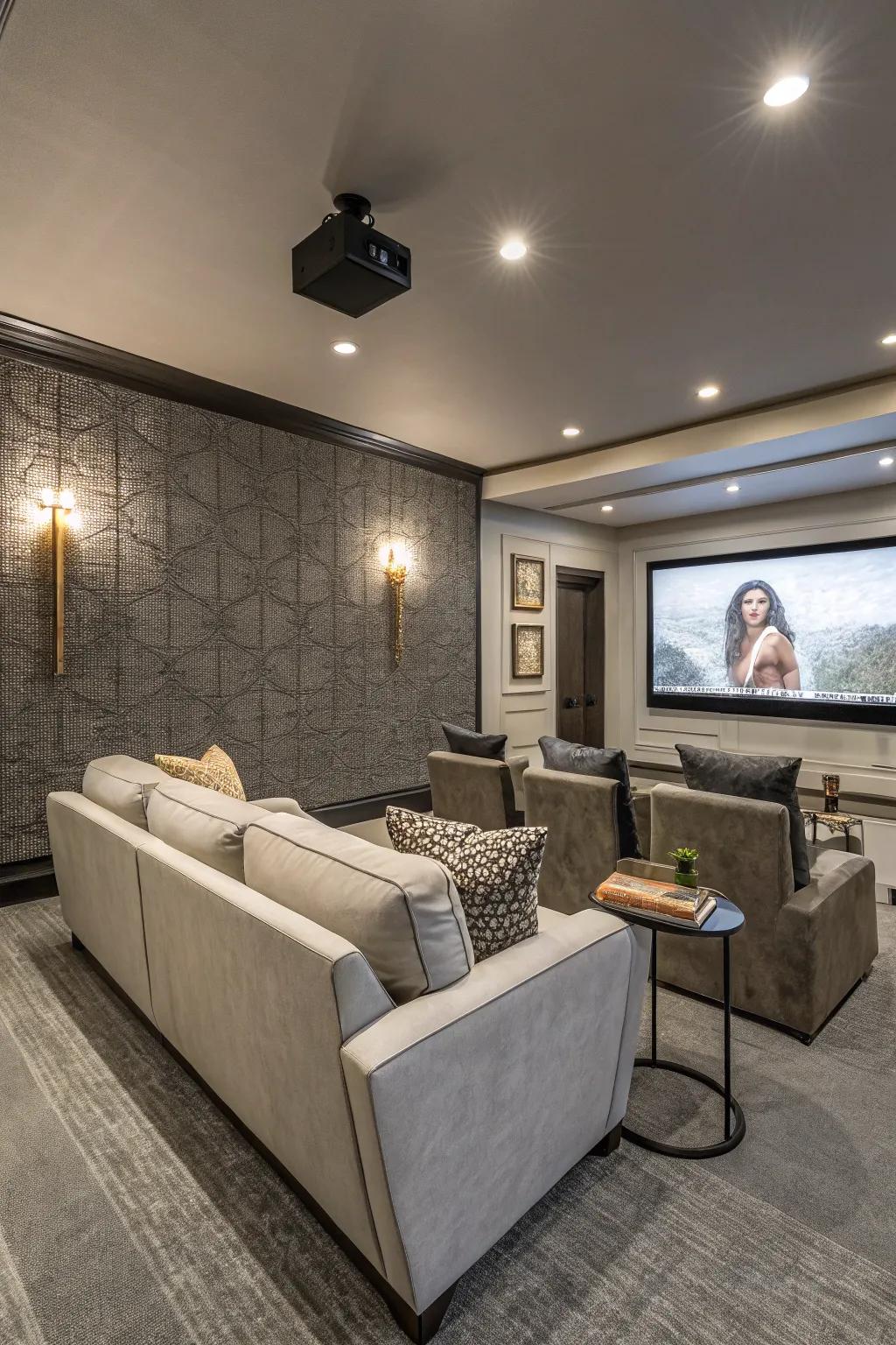 A media room with textured gray walls, combining style and functionality.