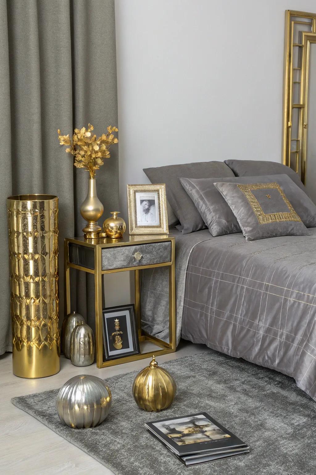The grey bedroom is given a luxurious shine by metallic accents.