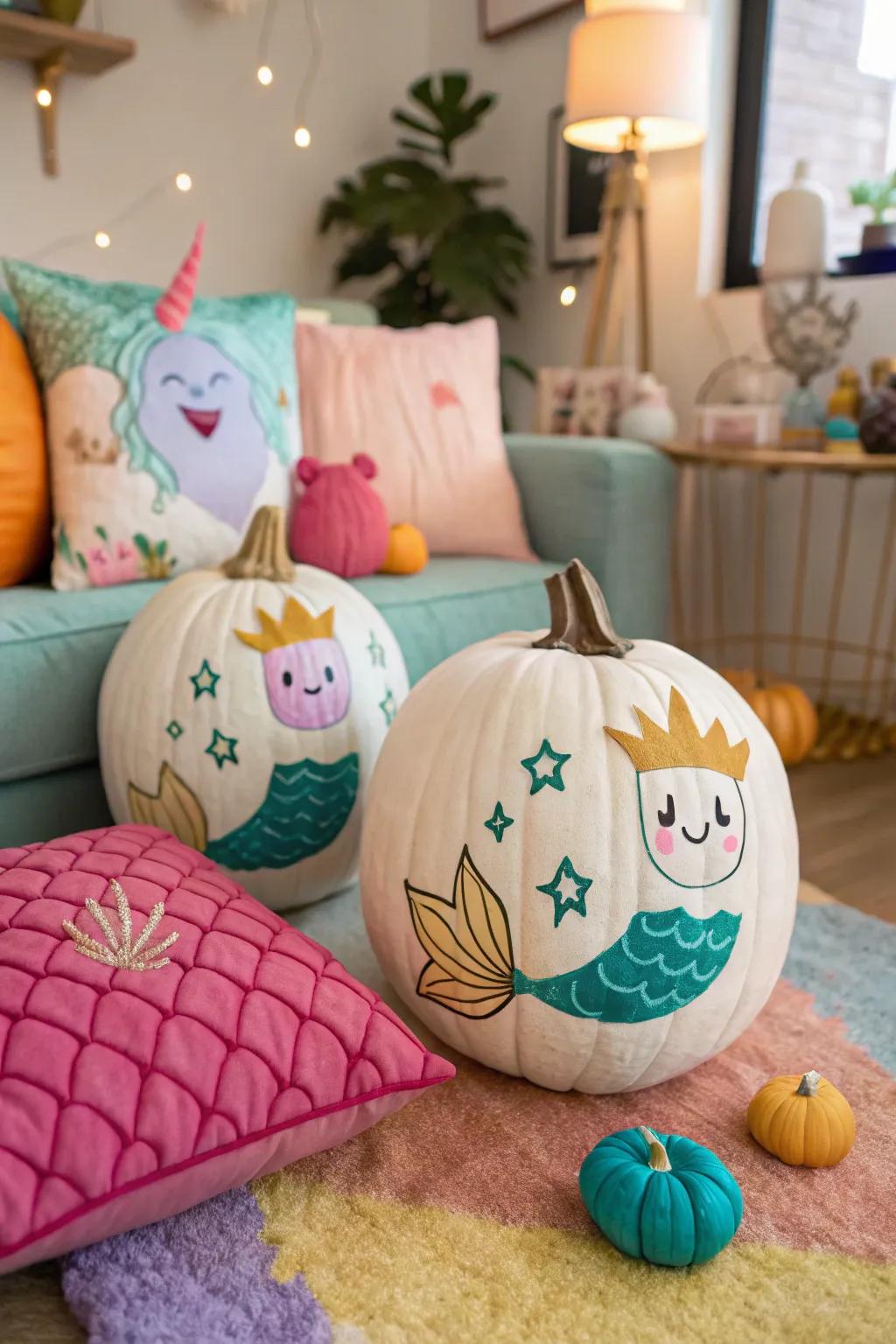 Animated mermaid visages contribute a spirited personality to your pumpkins.