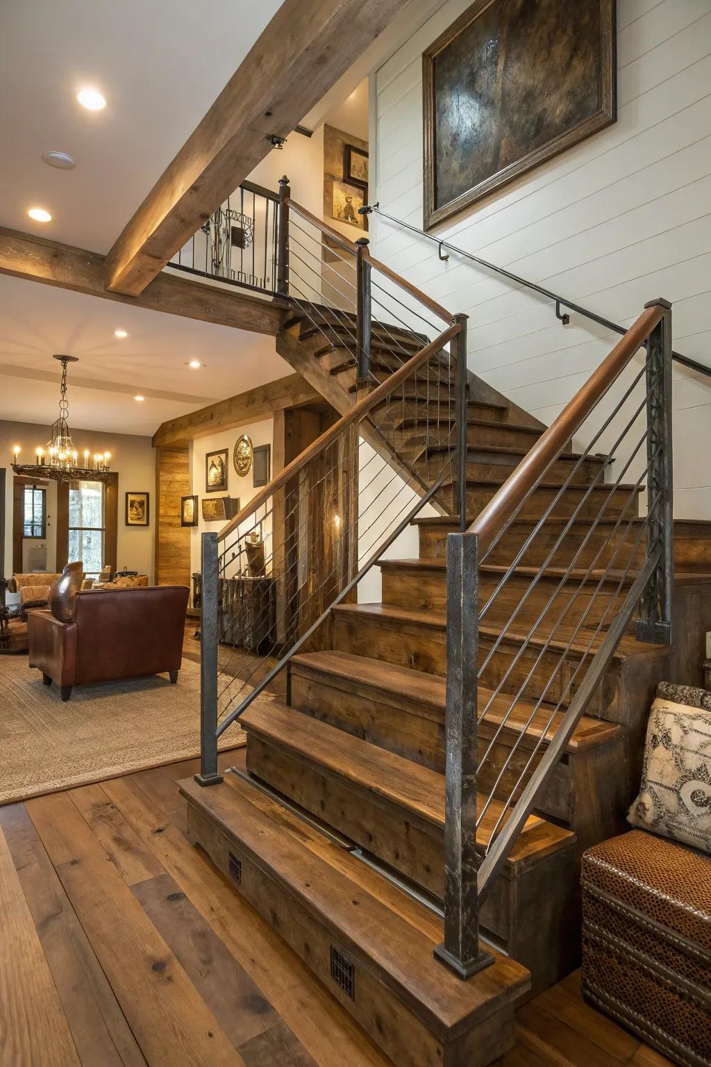 Harmonize contemporary and country-style through this distinctive stairway layout.