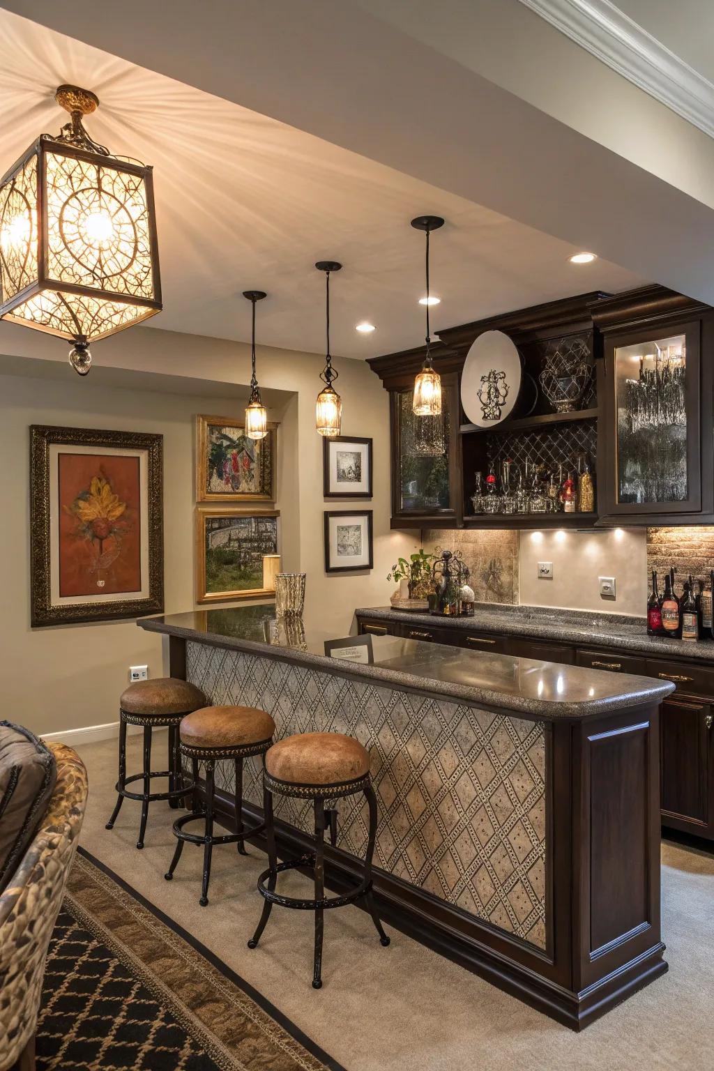 Art and design personalize and elevate a home bar environment.