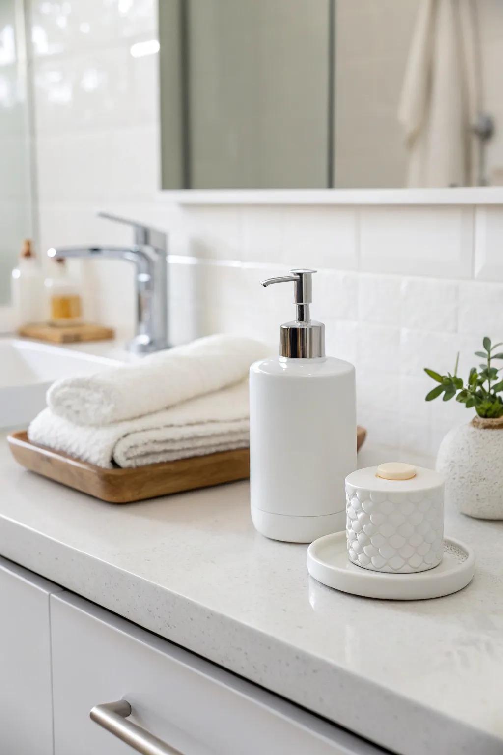 An all-white hue scheme fashions a crisp and expansive sensation.