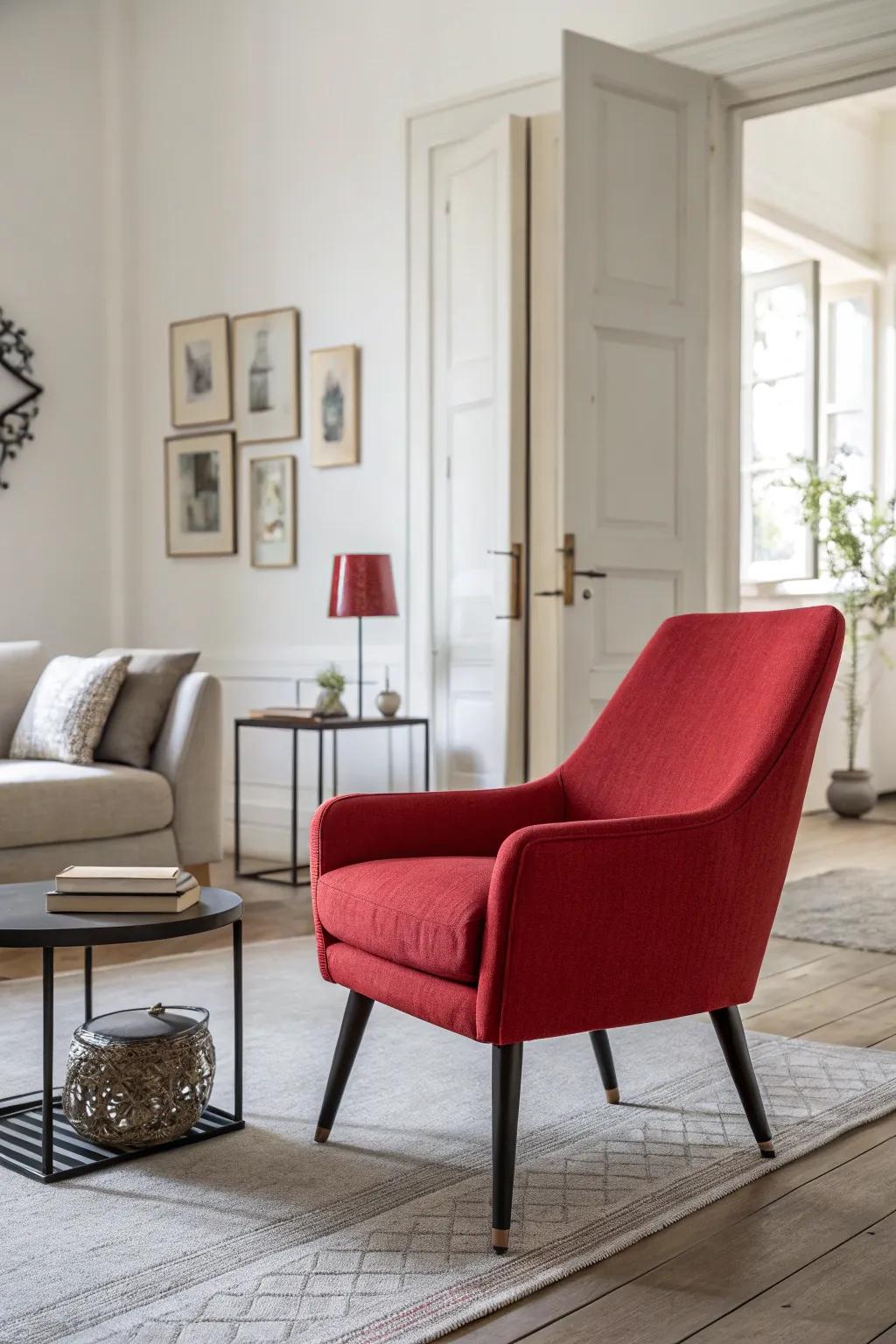 A strong emphasis piece introduces intrigue to a minimalist living space.