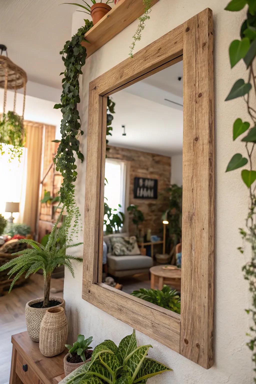 A reclaimed lumber frame introduces distinctiveness to a sustainable living space.