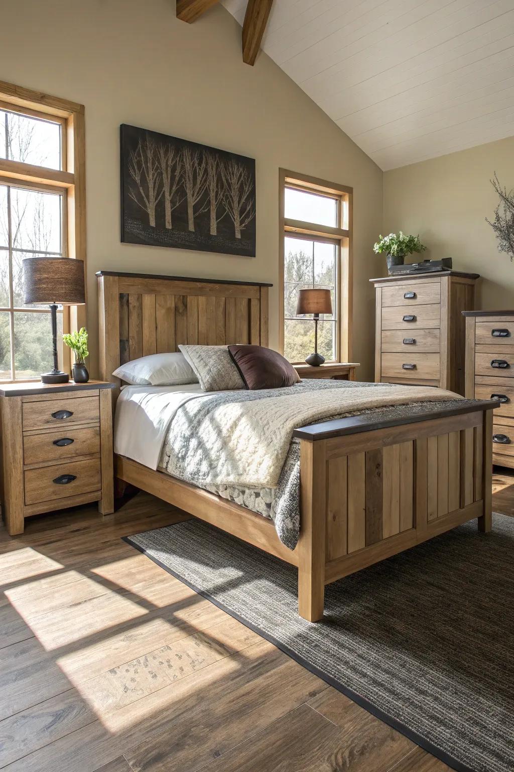 Mixing wood finishes adds depth to your bedroom design.