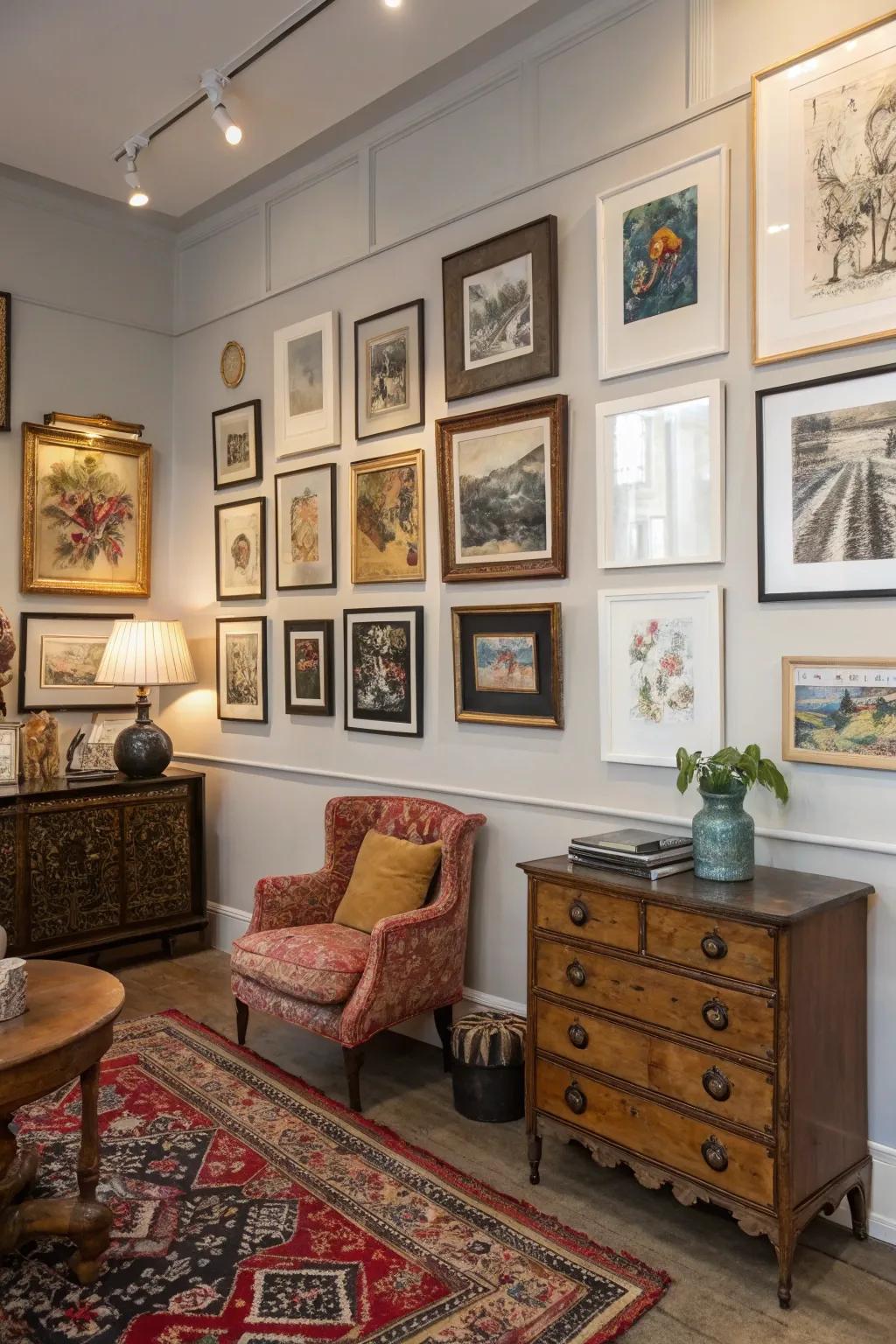 The gallery wall combines classic and contemporary elements for a timeless effect.