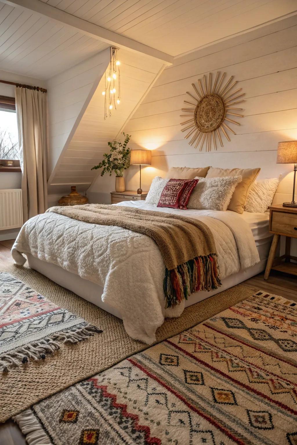 Layered carpets add luxury and depth to a bedroom.
