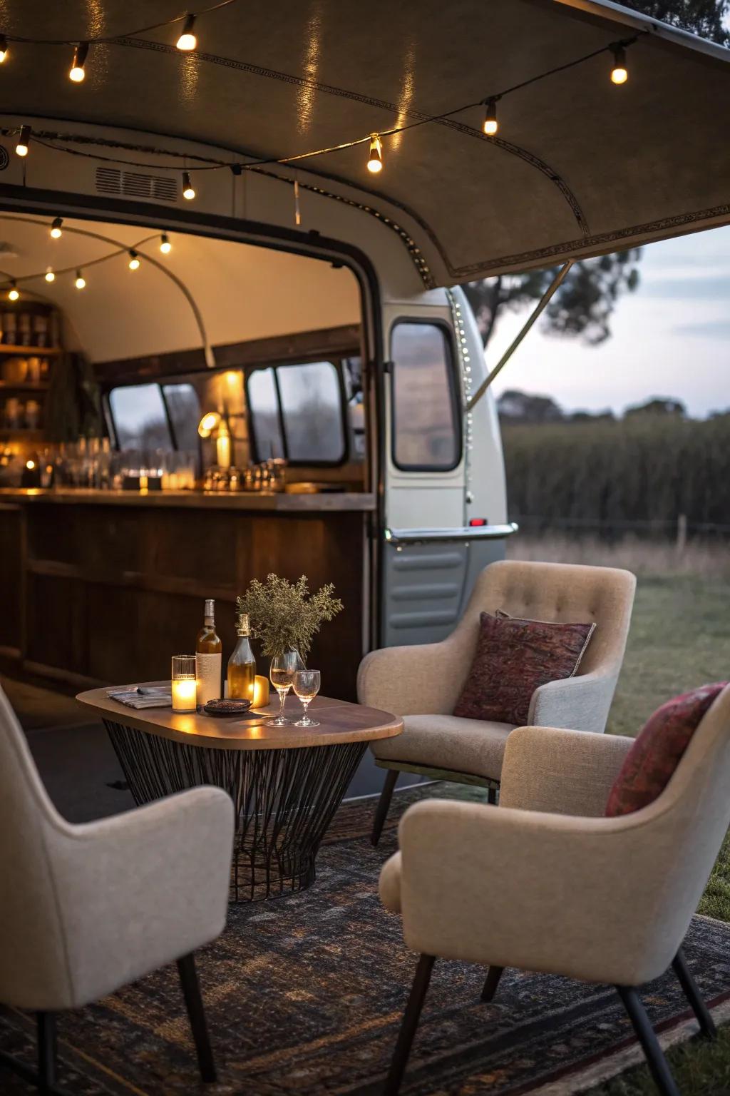 A cozy seating retreat enhances the social atmosphere of this mobile bar.