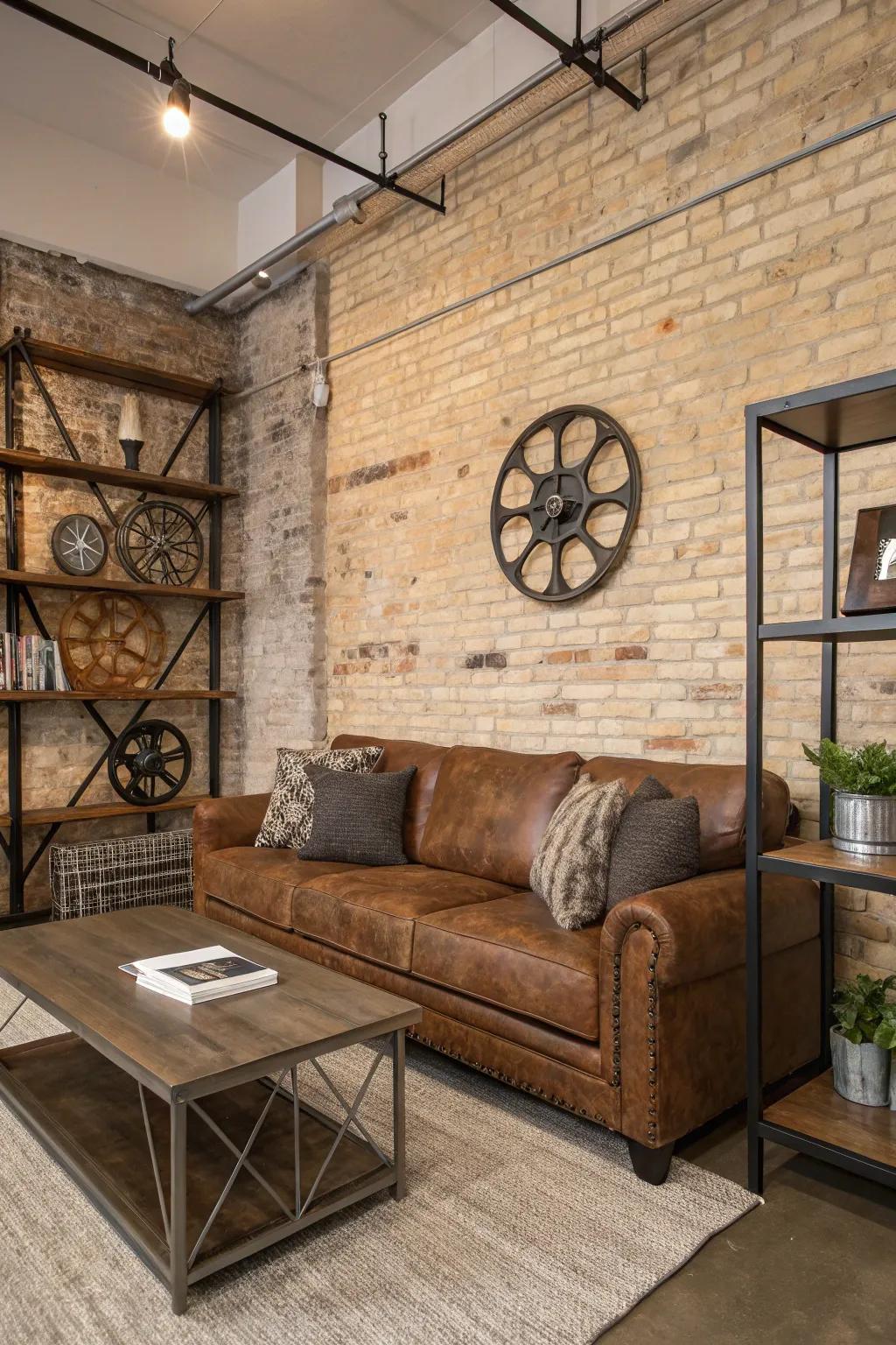 Industrial elements contribute a fashionable edge to the cocoa sofa area.