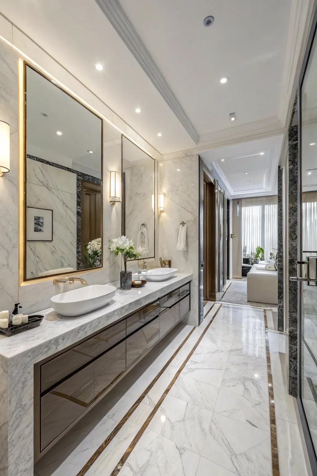 Marble details provide timeless elegance in this contemporary bathroom.