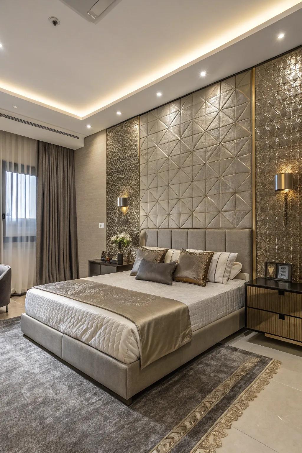 Shimmering touches add a touch of glam to your bed wall.
