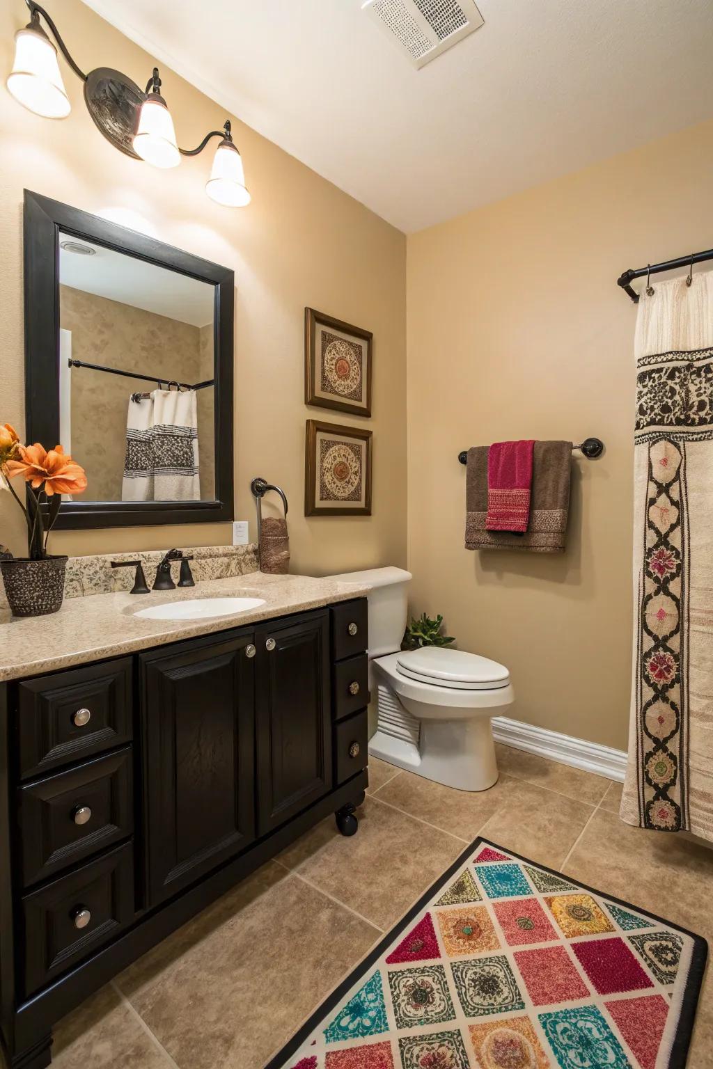 Ebony features bring modern contrast to a beige bathroom.